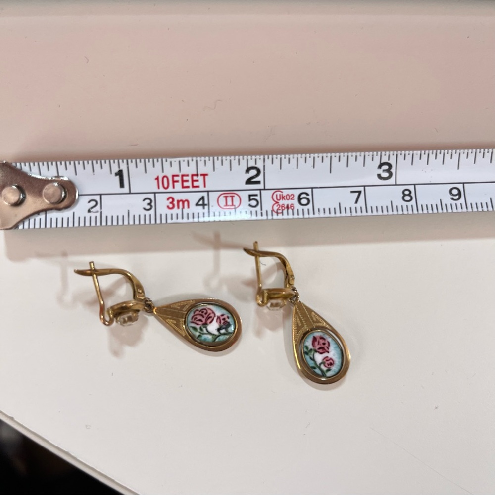 Antique Victorian gold Fill Art Nouveau Hand Painted Flowers Dangle Earring - Picture 10 of 13